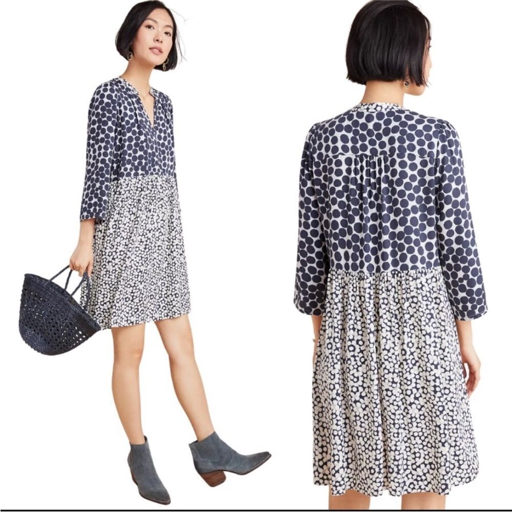 MAEVE Juno Printed Viscose 7/8 Sleeve Dress. Navy & White Polka Dot. Small.